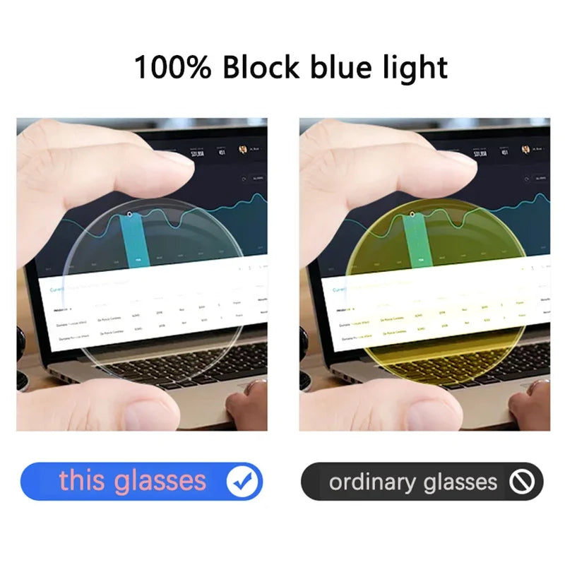 A hand holds a pair of half-frame reading glasses with green lenses against a laptop screen, demonstrating blue light blockin