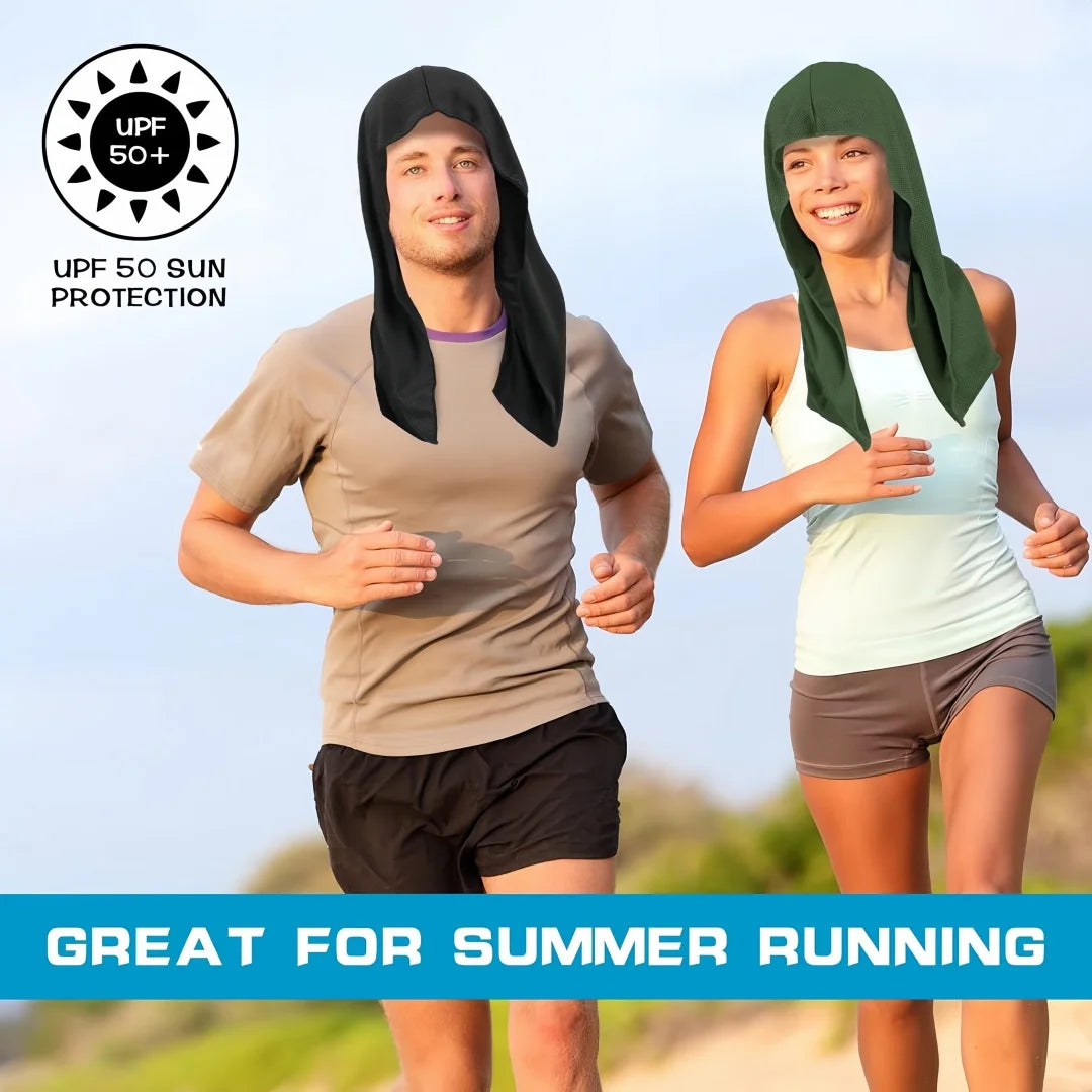 Two people running outdoors wearing cooling sports headscarves for sun protection