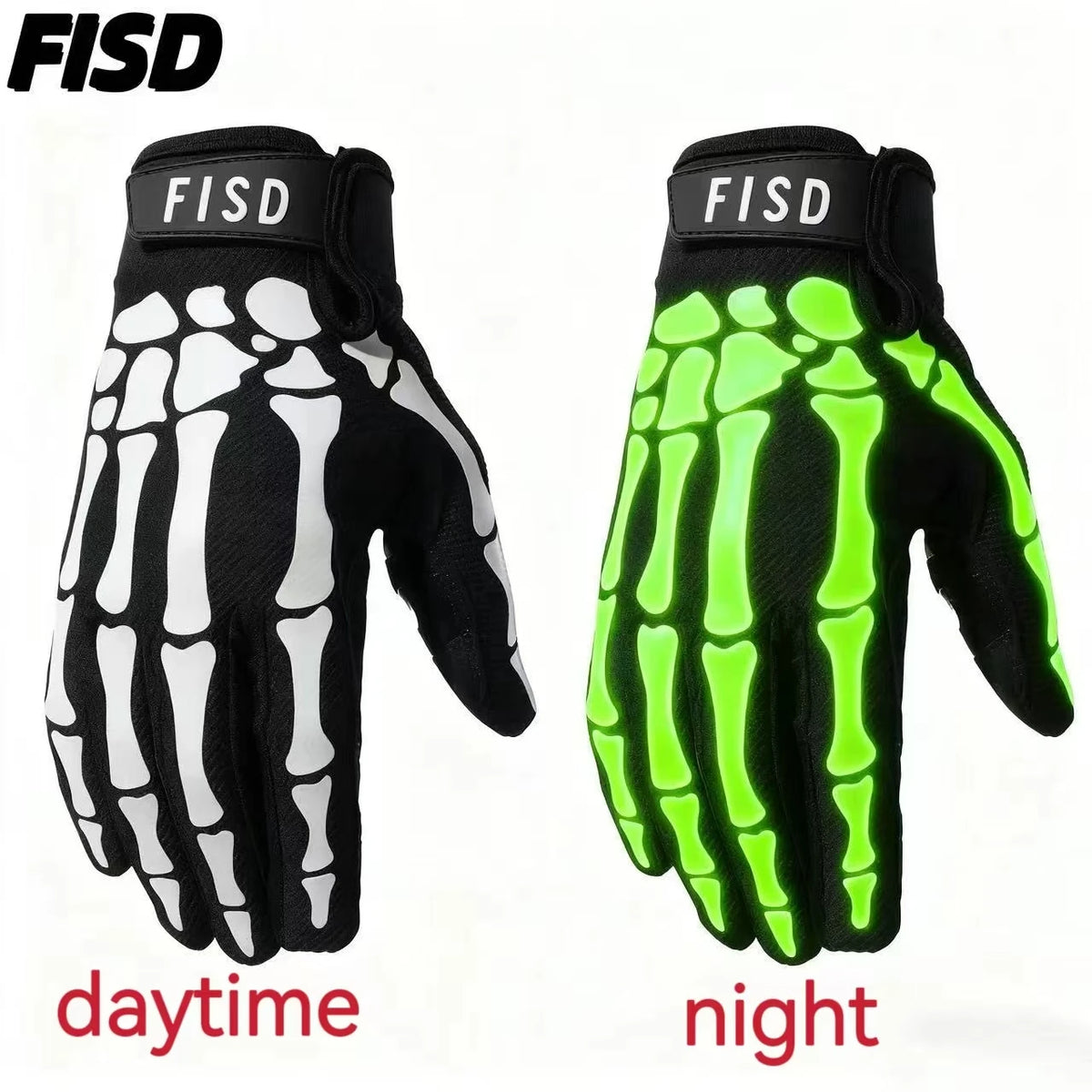 A pair of black tactical grips with fluorescent green accents, shown in daytime and night lighting.
