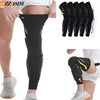 Black padded knee and calf compression sleeves worn on a leg.