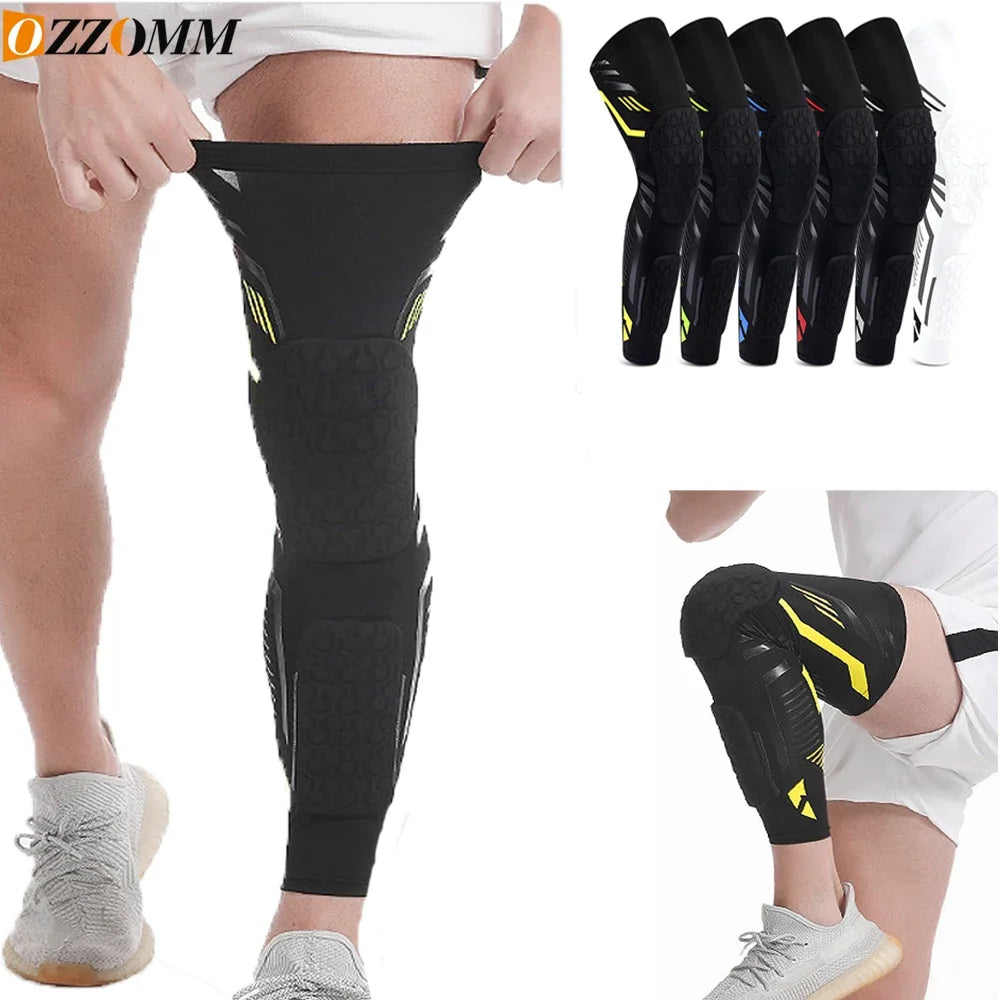 Black padded knee and calf compression sleeves worn on a leg.