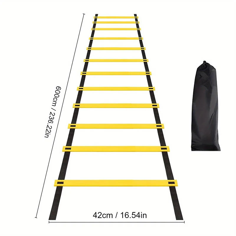 A yellow agility ladder with black frame and yellow rungs shown in a vertical layout.