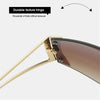 Close-up of gold-framed gradient sunglasses showing a durable texture hinge detail.