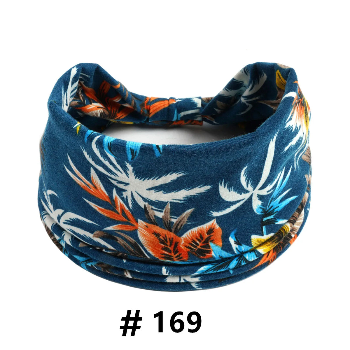 Bandeau en coton stretch bleu marine style bohème avec motif de feuille tropicale et florale.