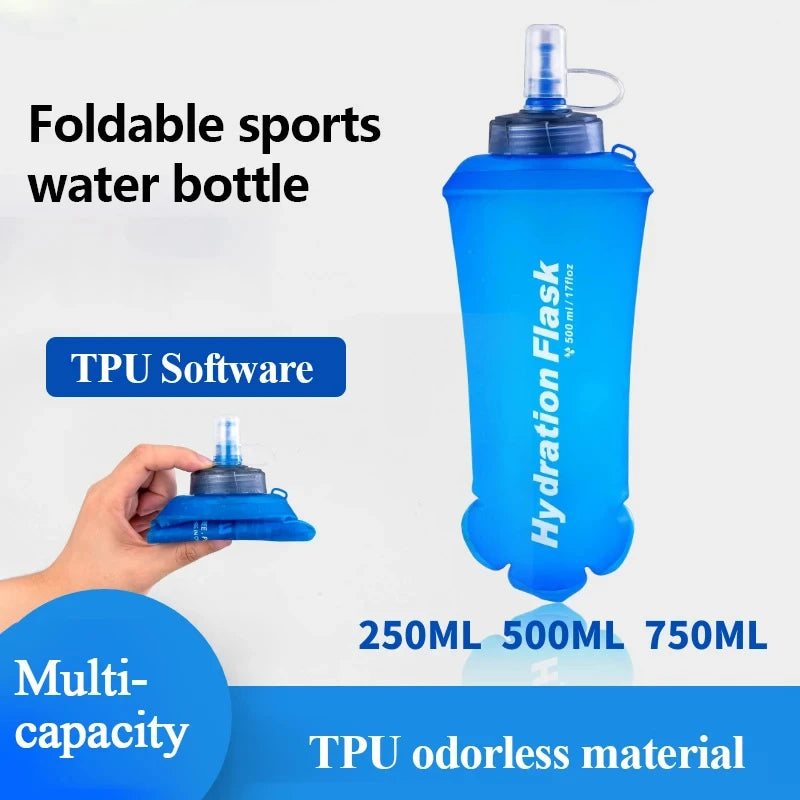 A bright blue foldable sports water bottle with a clear cap is shown next to a hand, highlighting its multi-capacity and odor
