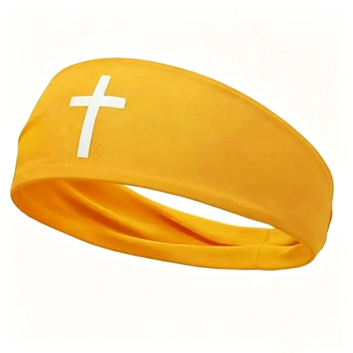 Yellow athletic sweat headband with a white cross design