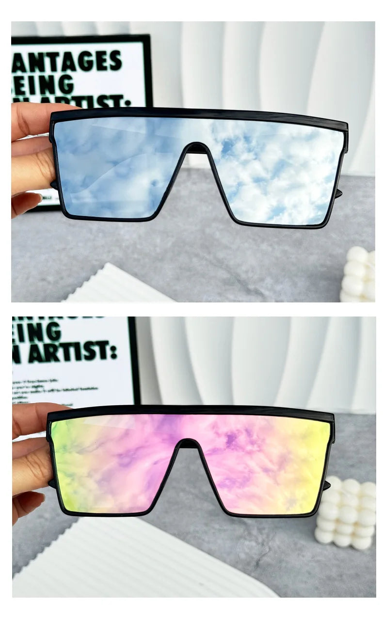 Pair of retro square sunglasses with a blue sky print and a pink floral print.