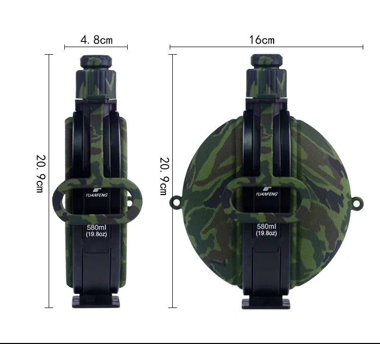 A black silicone camping kettle with a camouflage green sleeve and black handle.