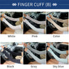 A collection of finger cuffs in various colors including white, pink, color, black, gray, and sky blue shown on a hand.