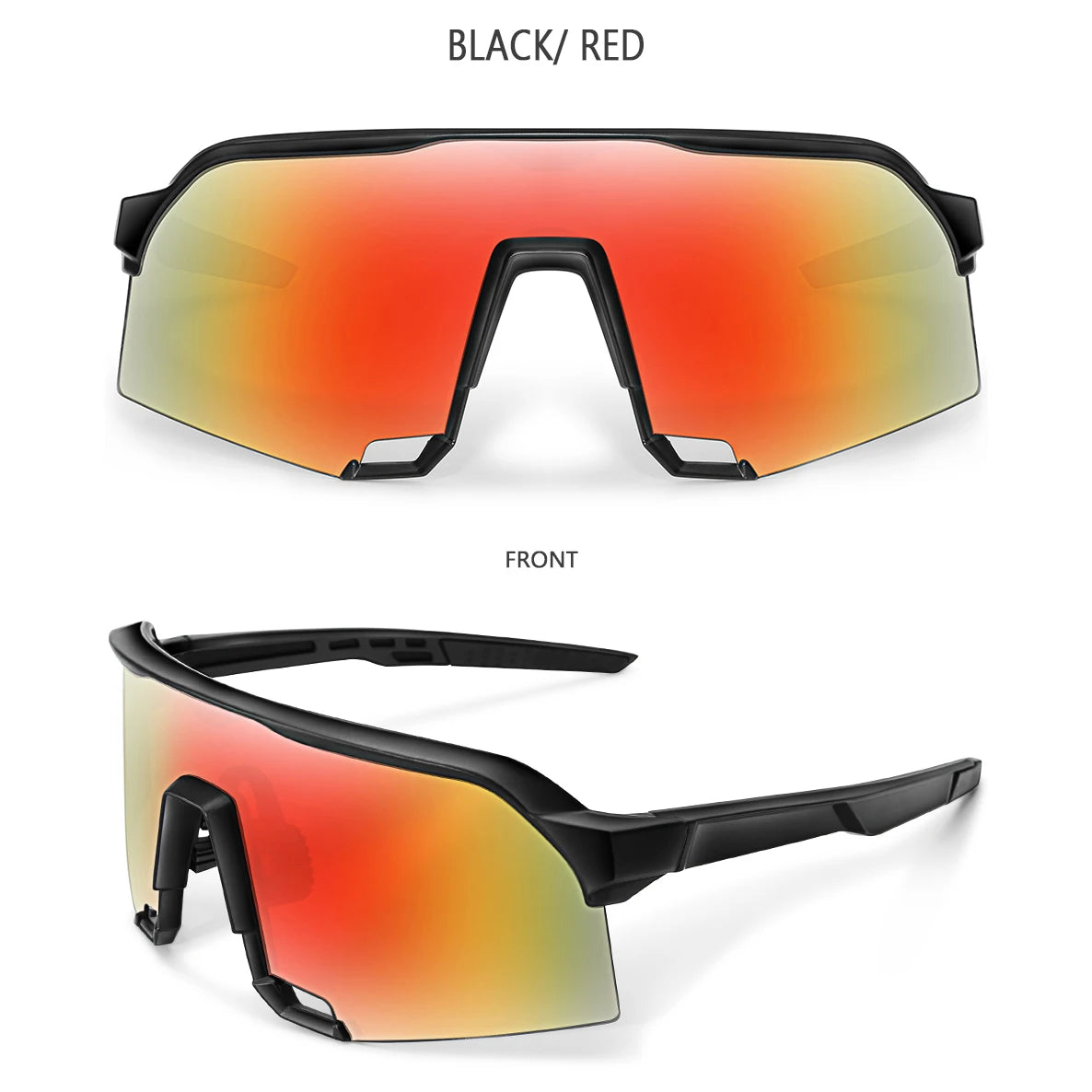 Black and red polarized cycling sunglasses shown from the front and side views.