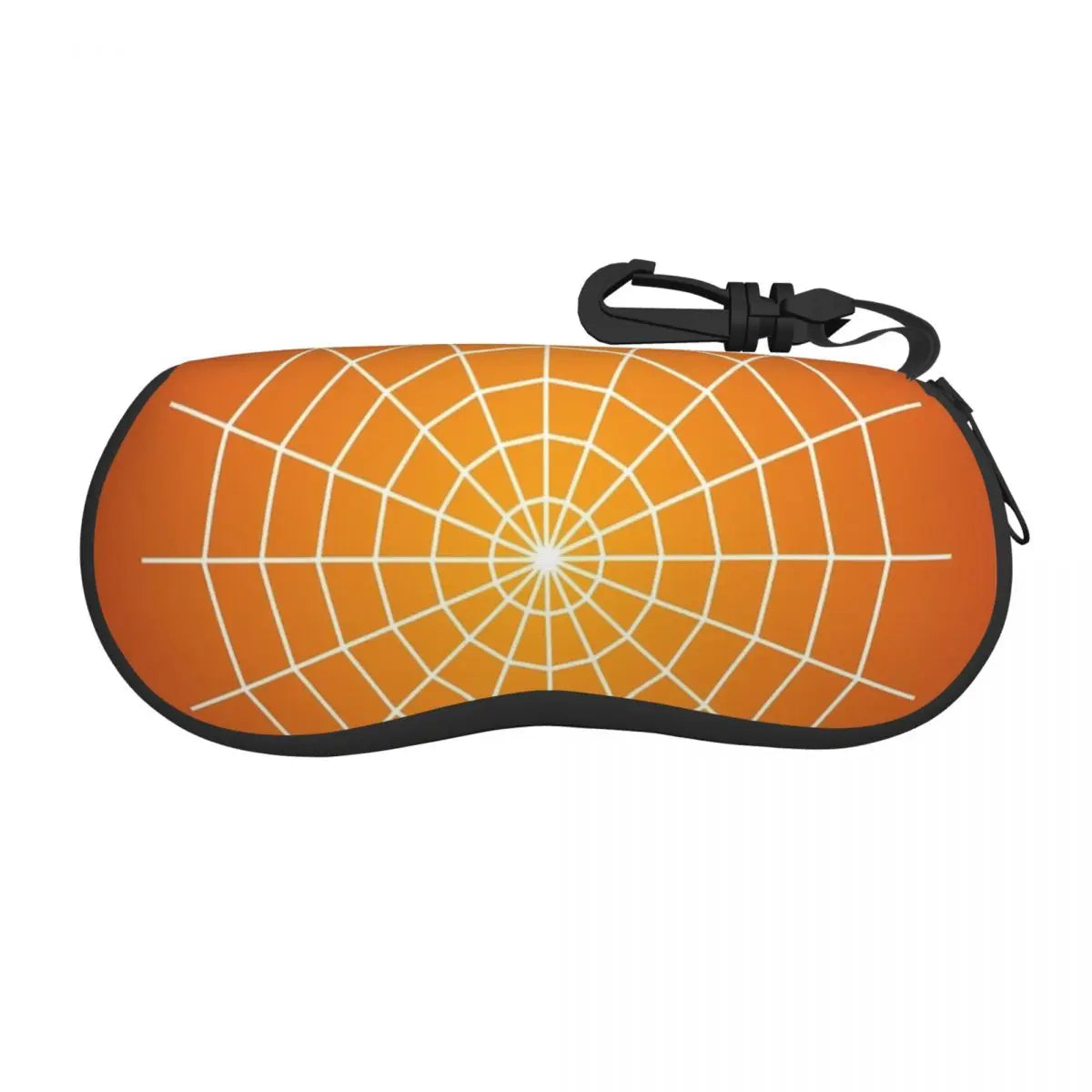 Orange spider web patterned eyeglass pouch with a black strap
