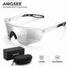 A pair of clear polarized sports sunglasses from AWGSEE shown with their case and specifications.