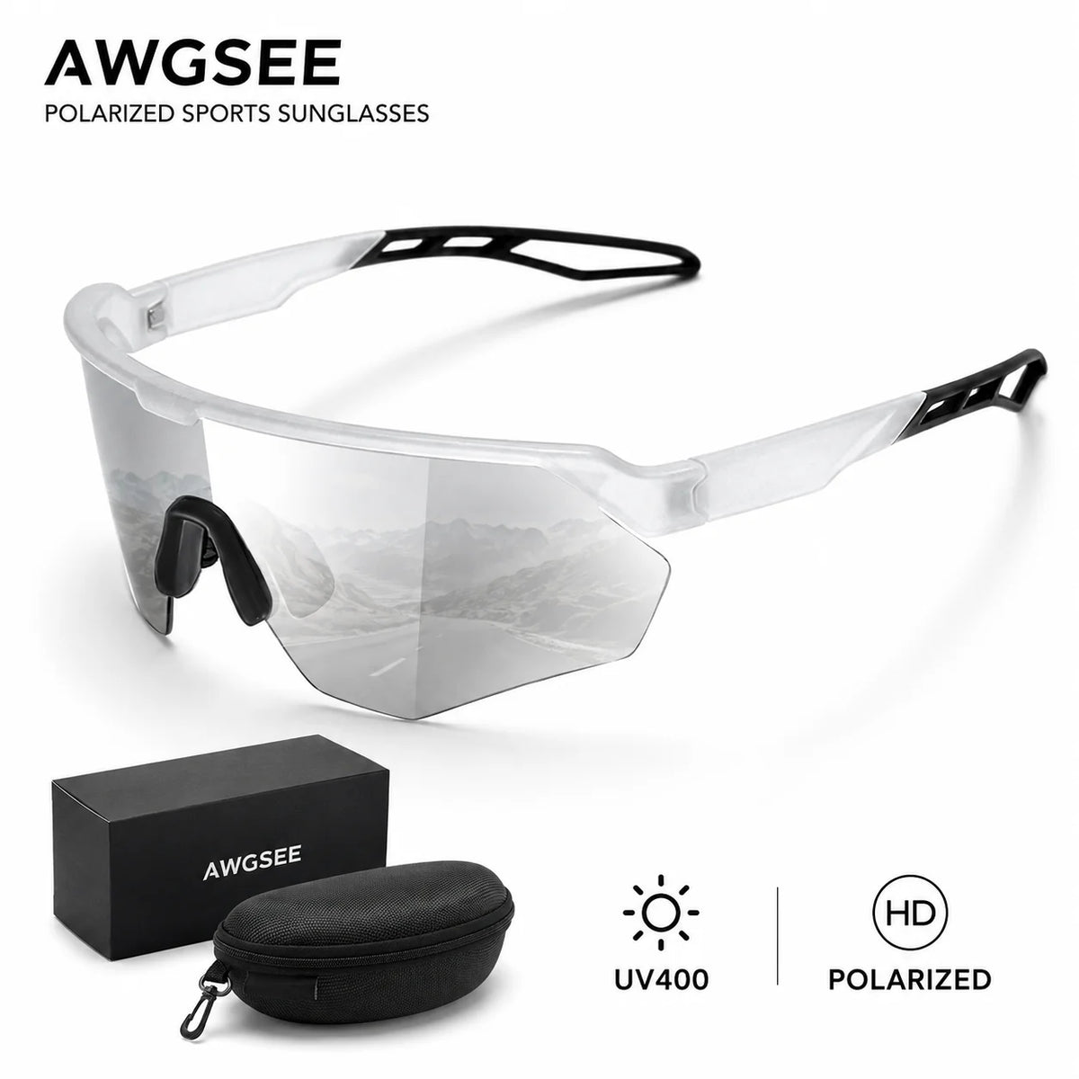 A pair of clear polarized sports sunglasses from AWGSEE shown with their case and specifications.