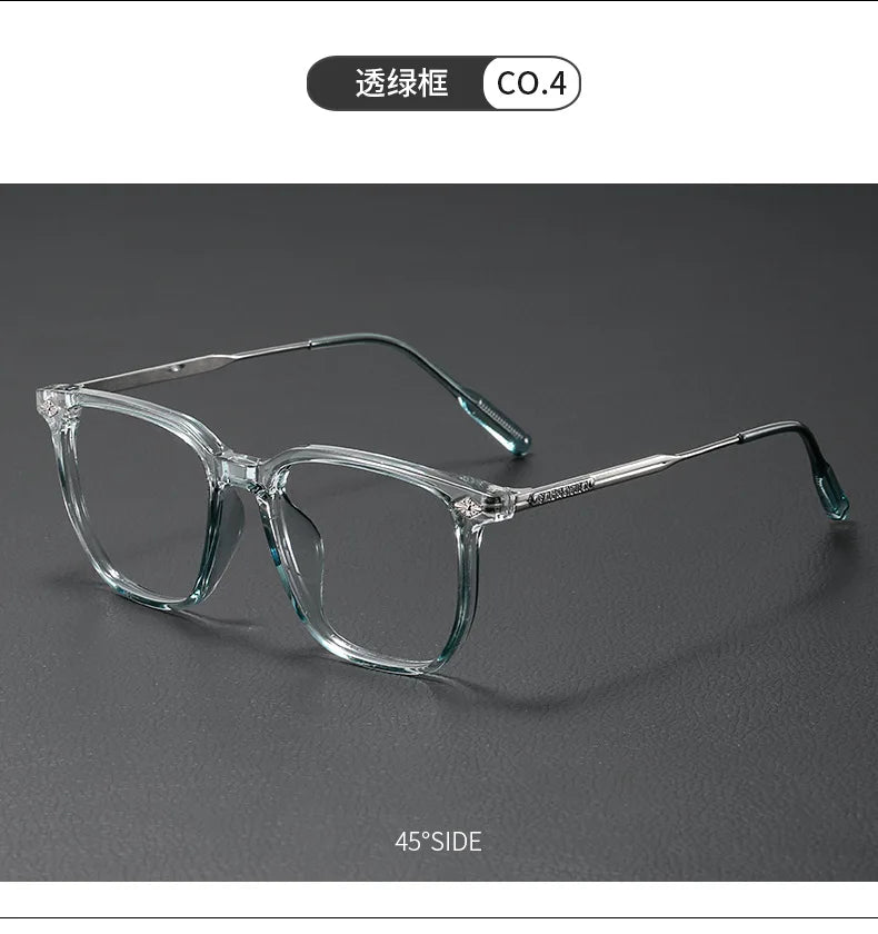 A pair of clear acetate glasses with a thin metal frame shown at a 45-degree side angle.