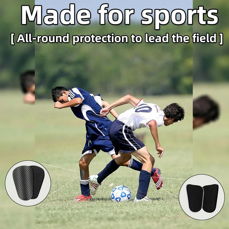 A soccer player wearing black and white uniform is training on a field, with close-ups of carbon fiber shin guards.
