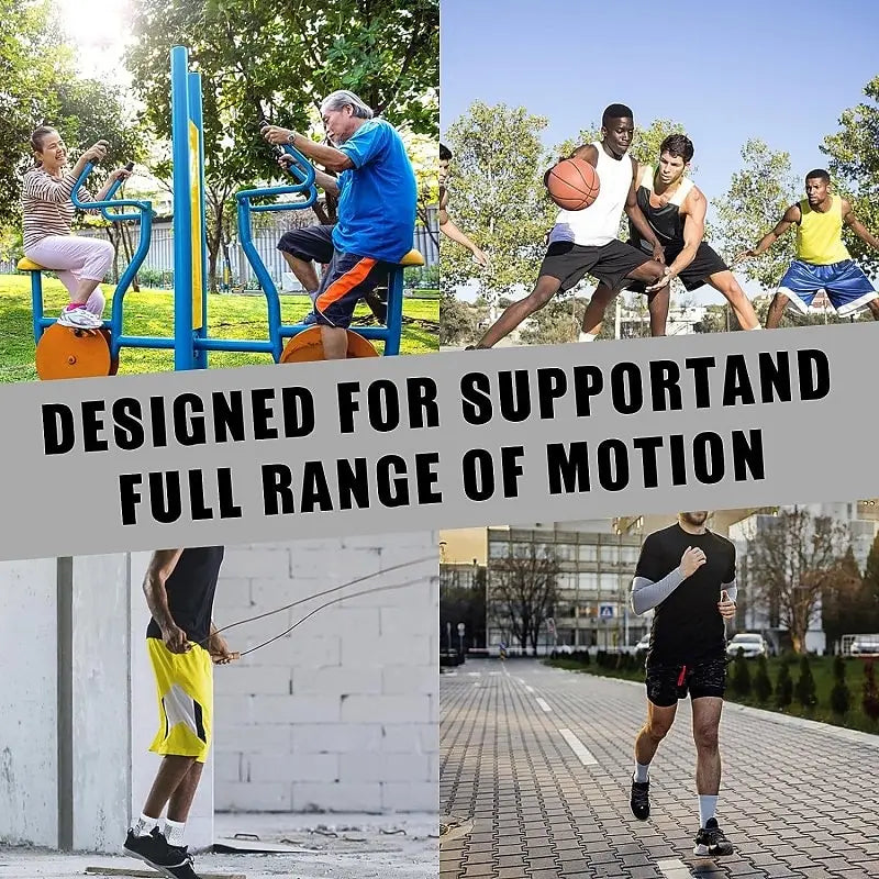 A collage showing people exercising and a close-up of ankle compression socks designed for pain relief.