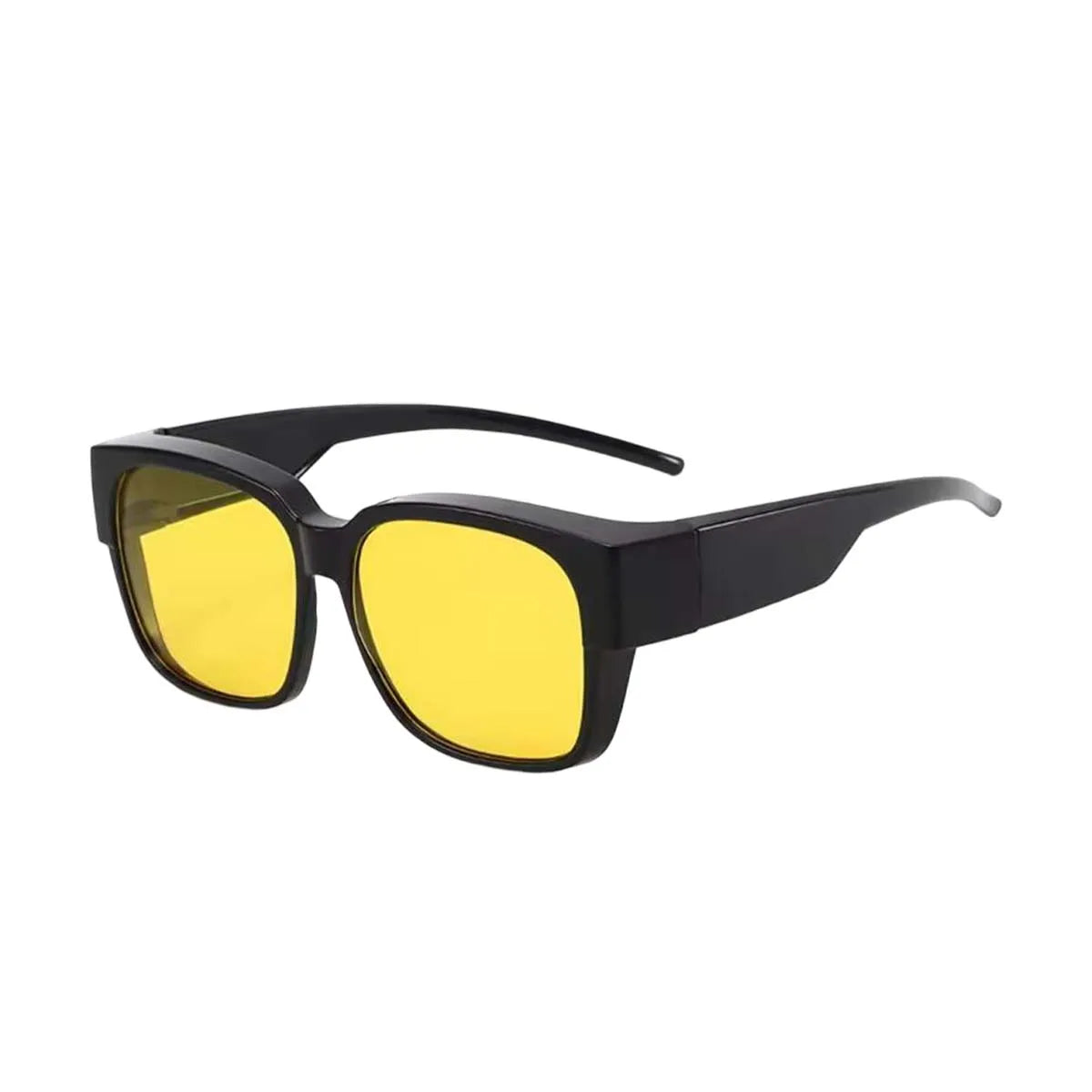 Black wrap-around sunglasses with yellow lenses