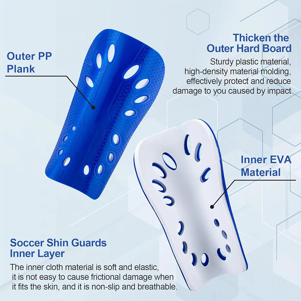 Blue and white adjustable EVA soccer shin guards showing the outer hard board and inner cloth layer