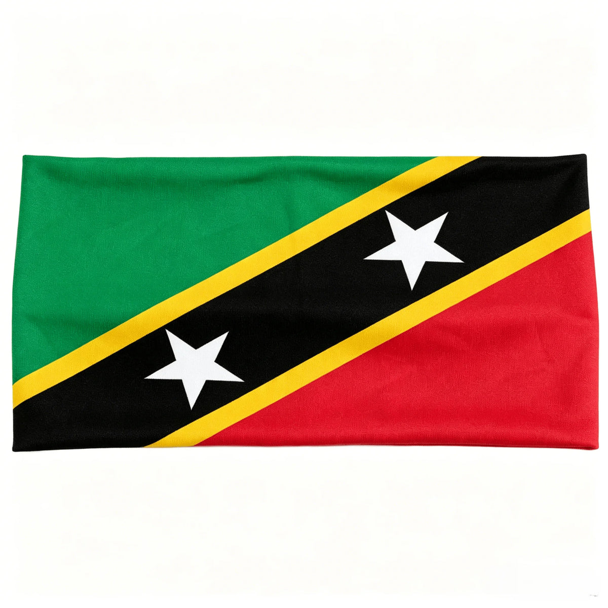 Bandeau de foulard avec des rayures vertes, noires, jaunes et rouges et des étoiles blanches.