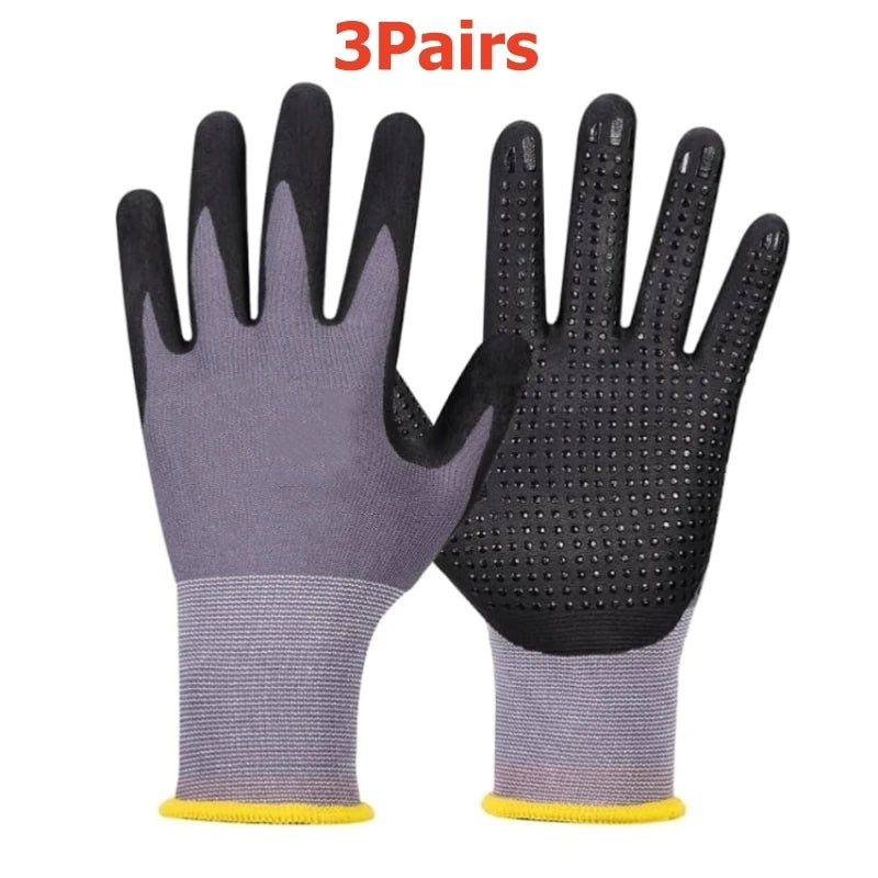 Three pairs of durable nitrile coated safety work gloves shown against a white background.
