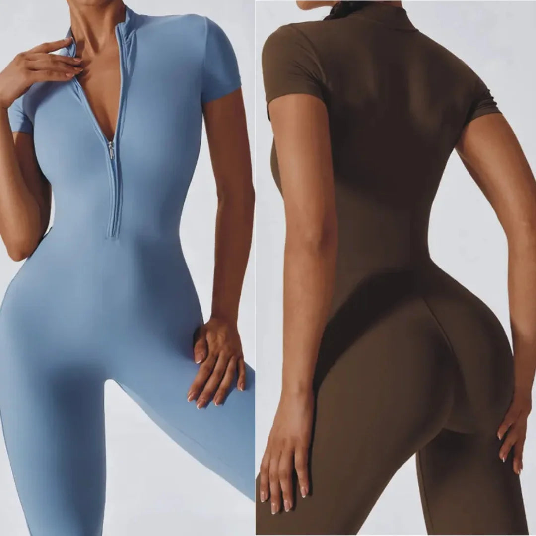 A woman wearing a blue Naked Zipper Yoga Jumpsuit, shown from the front and back.
