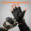 Black and beige anti slip palm cushion protective cycling gloves shown on a hand.