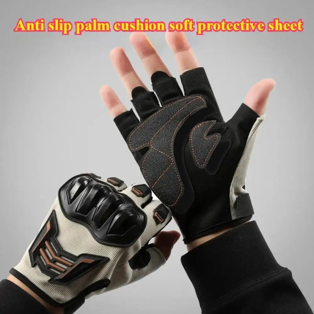 Black and beige anti slip palm cushion protective cycling gloves shown on a hand.