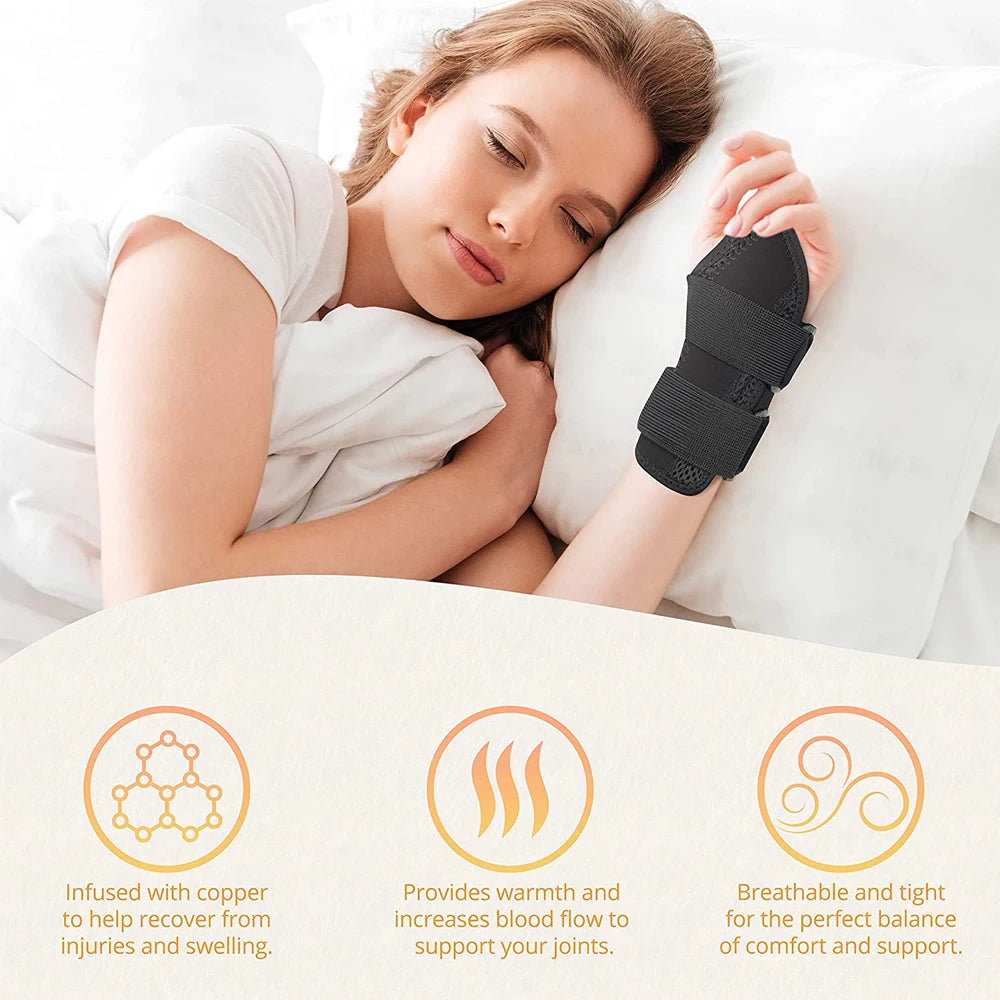 A woman is shown resting her arm on a pillow while wearing a black adjustable wrist support brace.