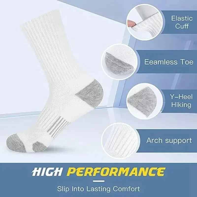 White and gray elastic cuff socks designed for Y-heel hiking and arch support