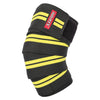 Black and yellow high-compression knee wraps for weightlifting and squats