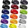 A collection of black, red, green, blue, purple, orange, and white men's athletic sweat headbands shown from the side.