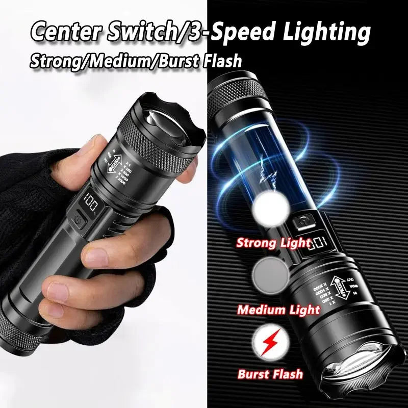 Tactical LED flashlight showing strong, medium, and burst flash modes.