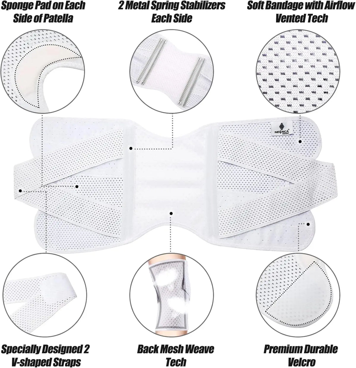 White adjustable knee brace featuring a sponge pad, metal spring stabilizers, and soft bandage with airflow vented tech.