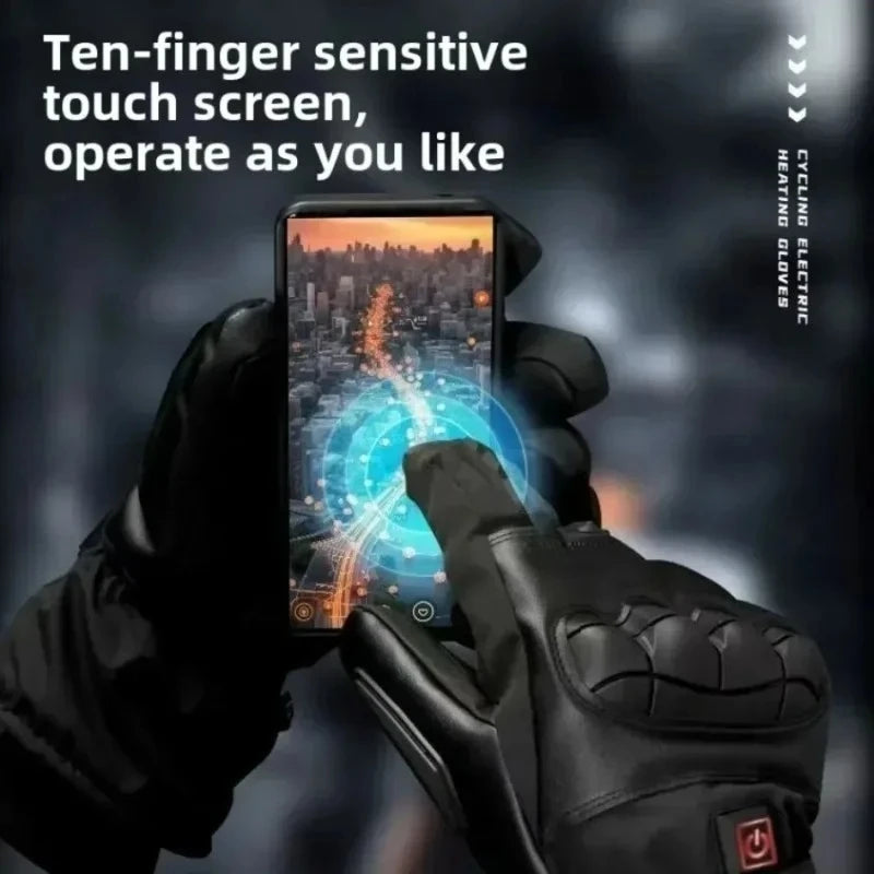 A hand wearing black thermal gloves is using a ten-finger sensitive touch screen device on a smartphone.