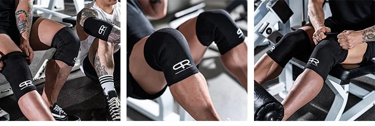 Close-up shots of black neoprene knee pads worn by individuals during lifting and fitness exercises.