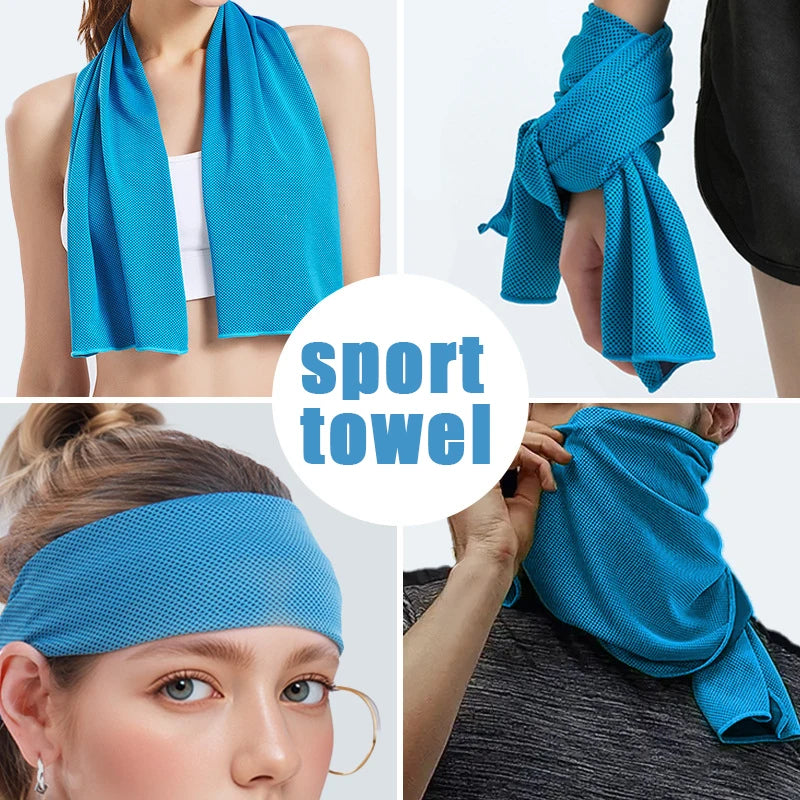 Serviette de sport microfibre bleue instantanée, montrée dans divers usages comme écharpe de cou et bandeaux.