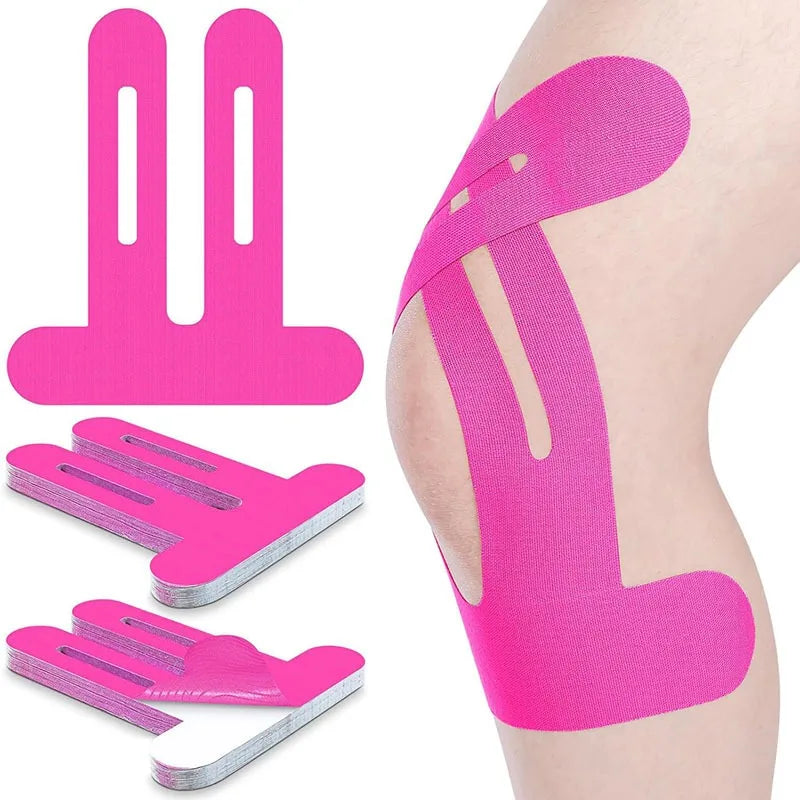 Pink kinesiology therapy tape applied to a knee for support and rehabilitation.