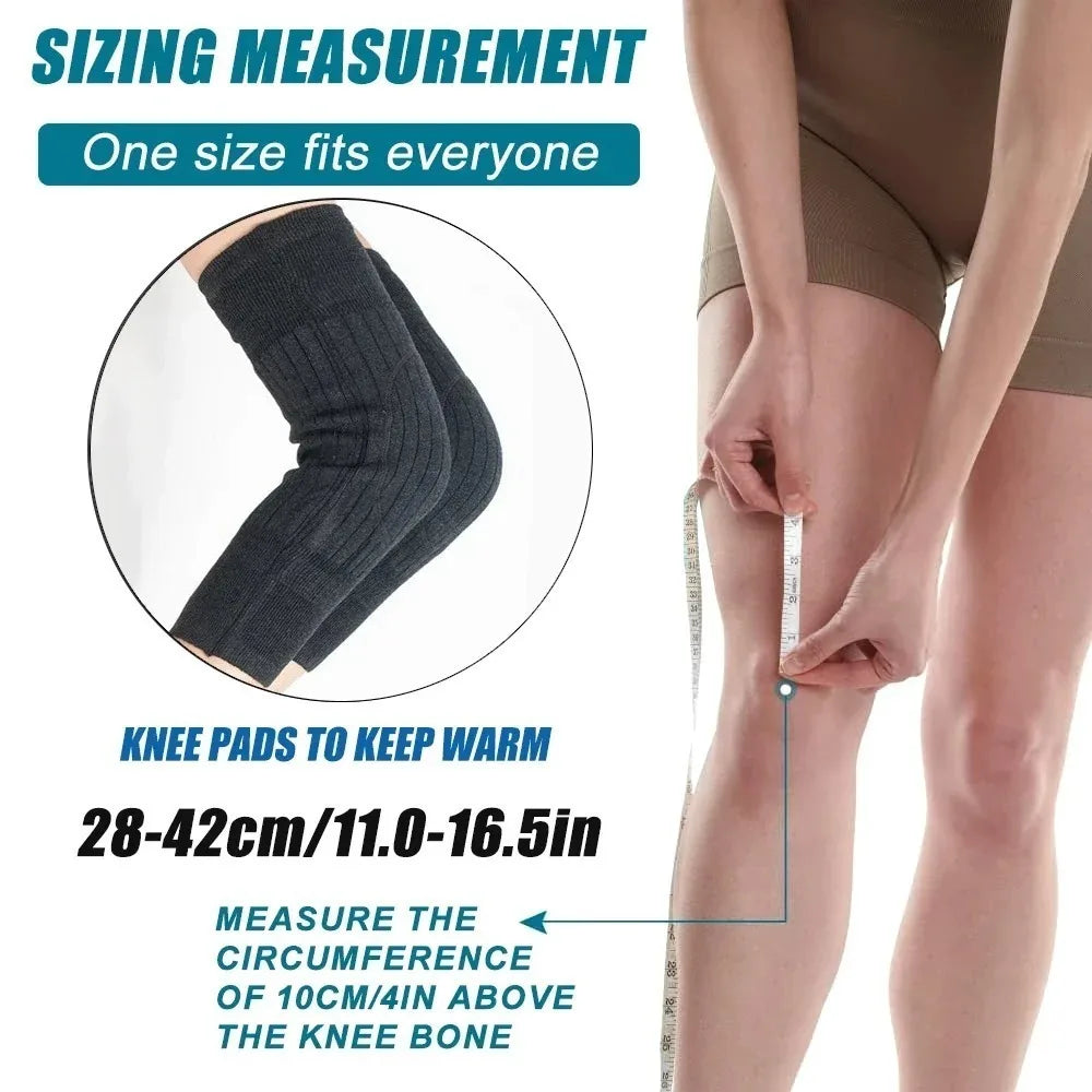 Diagram showing how to measure the circumference of 10cm/4in above the knee bone for sizing thick wool knee warmers.