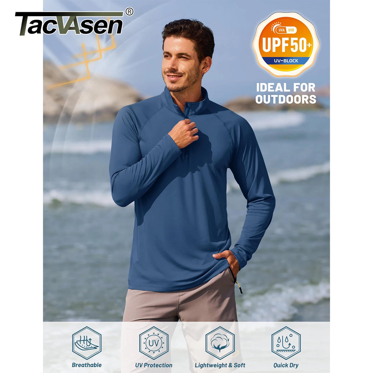 A man wearing a blue long sleeve shirt and light pants standing outdoors with a UV protection label.