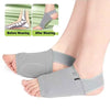 Gray silicone arch support insoles shown before and after wearing on a foot.
