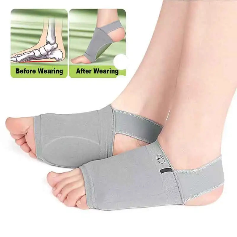 Gray silicone arch support insoles shown before and after wearing on a foot.