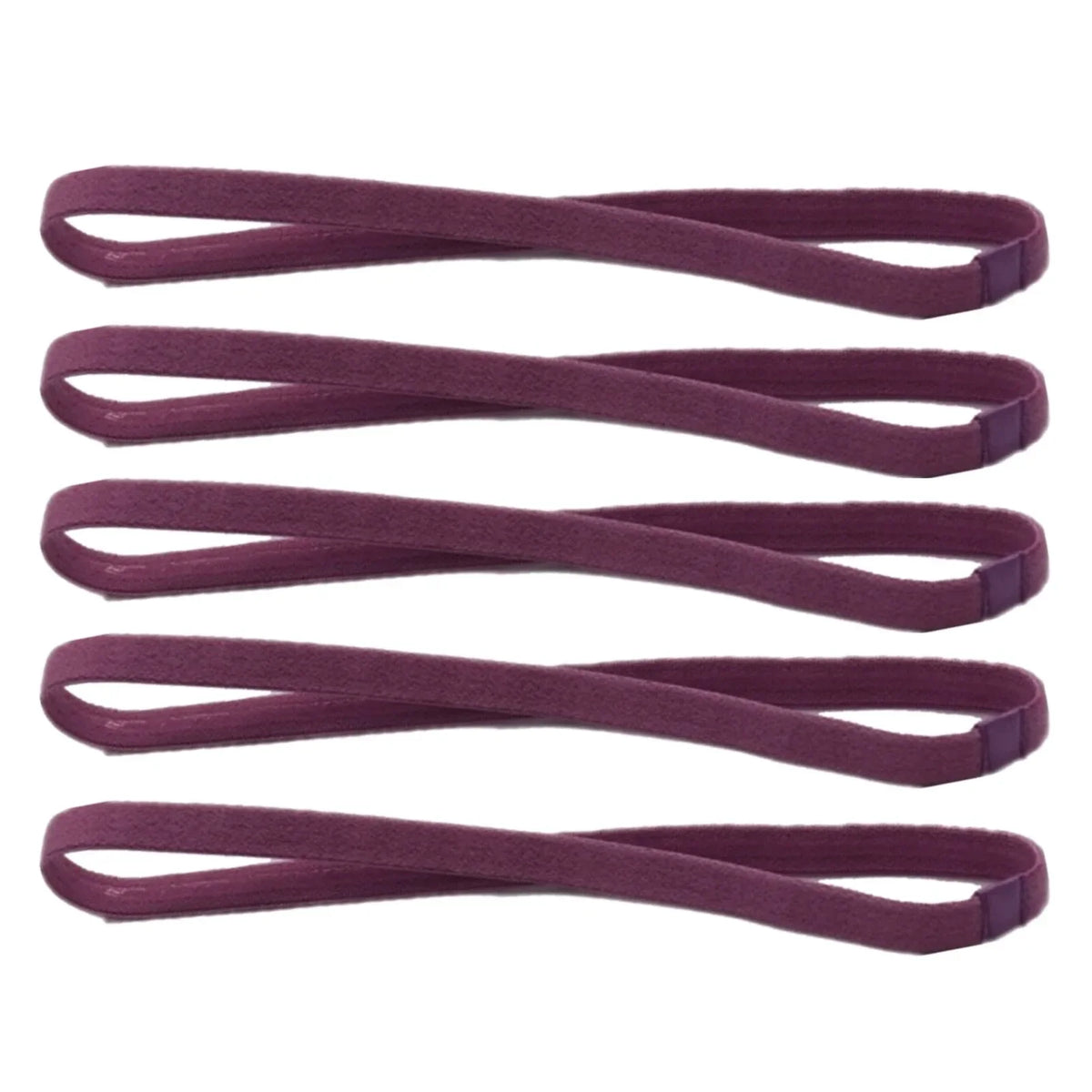 A pack of five purple elastic silicone sports headbands.