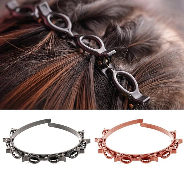 Un ensemble de barrette à cheveux double frange avec des clips métalliques brun foncé et rose or.