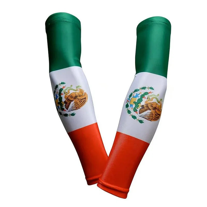 A pair of arm sleeves featuring the flag of Panama, with green and white stripes and a golden monkey design.