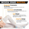 A pair of light gray medical-grade compression stockings being worn on a person's leg.