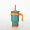 A teal and orange stainless steel travel mug with a lid and handle.