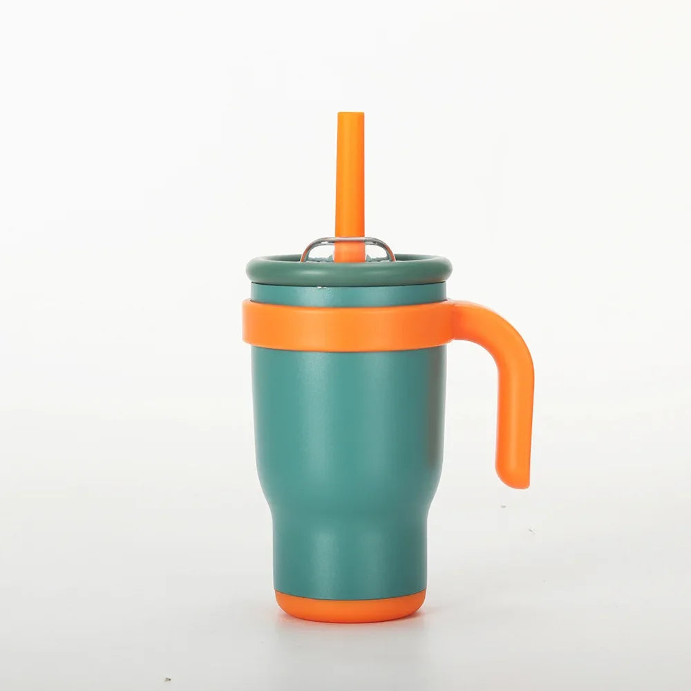 A teal and orange stainless steel travel mug with a lid and handle.