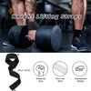 Black weight lifting straps shown with details on grip, non-slip wear, and interspersing design