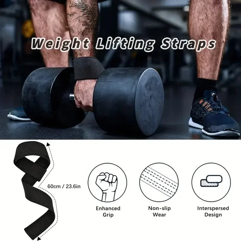 Black weight lifting straps shown with details on grip, non-slip wear, and interspersing design