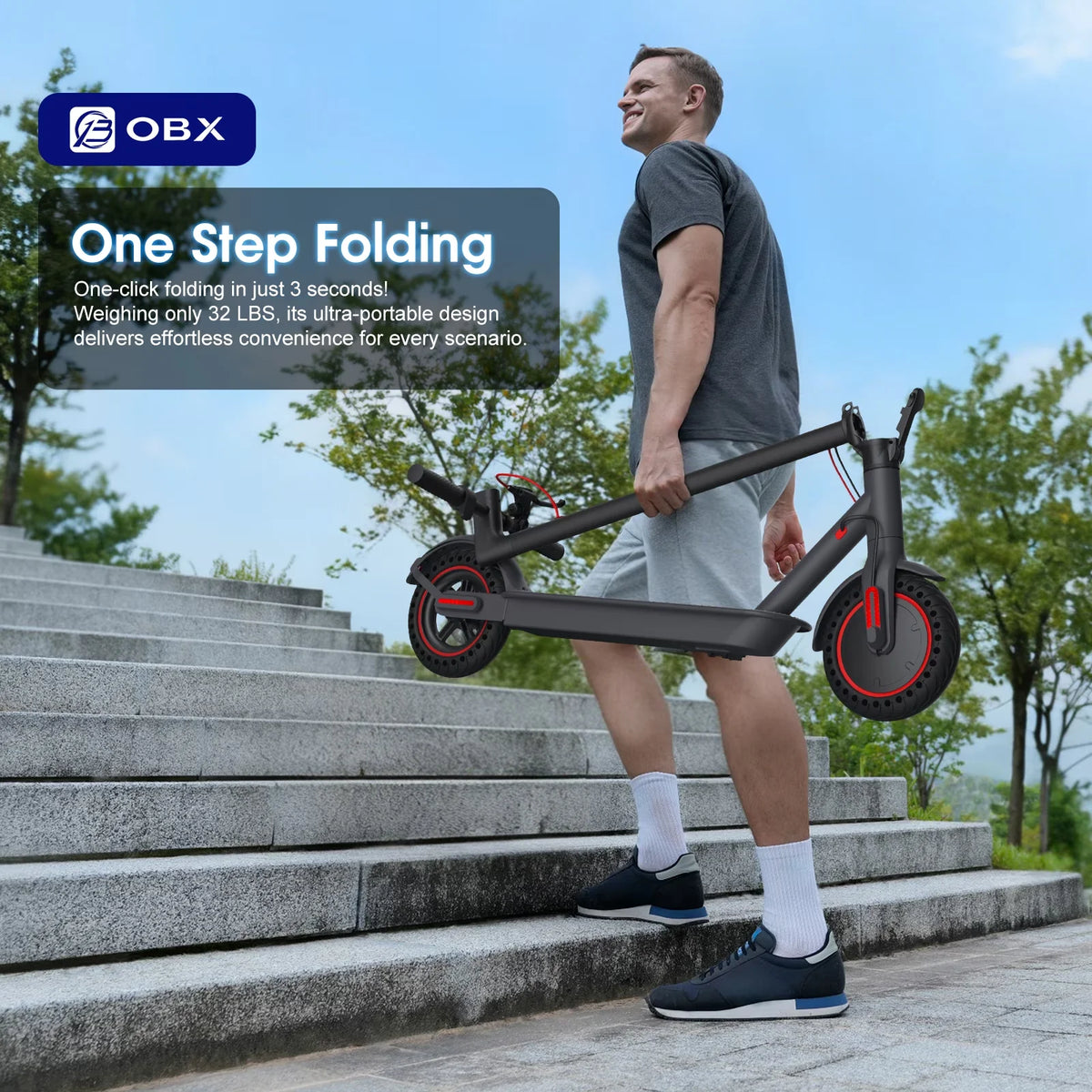 A man is using an OBX one-step folding electric scooter on outdoor steps.